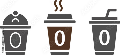 Disposable coffee cup icon collection in flat vector style isolated on white background, takeaway cup symbols with different shapes and sizes, clean minimal design for food and drink packaging visuals