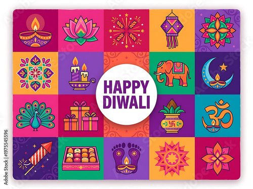 Happy Diwali Greeting Card with Colorful Vector Icons and Symbols