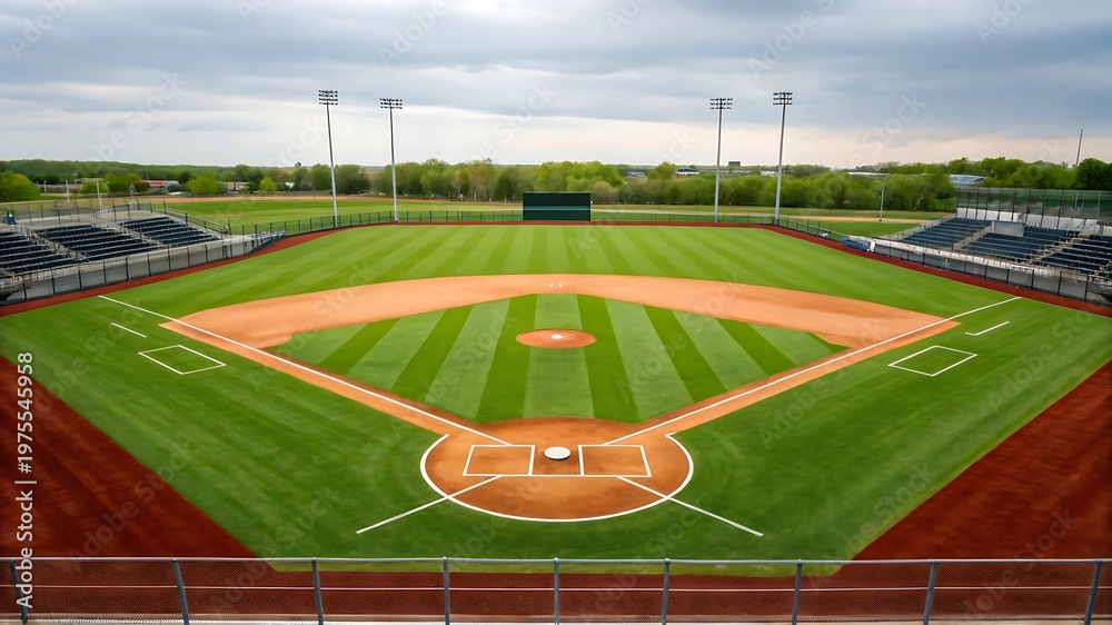 Fototapeta premium Aerial view of a professional baseball stadium with perfectly manicured green grass field and empty bleachers under a cloudy sky.