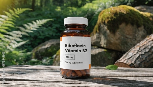 Amber bottle of Riboflavin Vitamin B2 dietary supplement pills resting on a wooden table in a lush forest setting with ferns and mossy rocks.