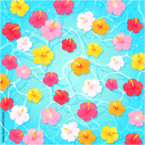 海とハイビスカスの背景_正方形