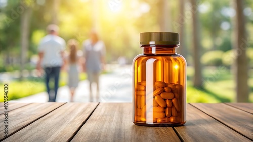 Amber bottle of Riboflavin Vitamin B2 dietary supplement pills on a wooden table with a blurred background of people walking in a park.