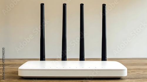 White wireless Wi-Fi router with four antennas on a wooden table, symbolizing home internet connectivity and technology.