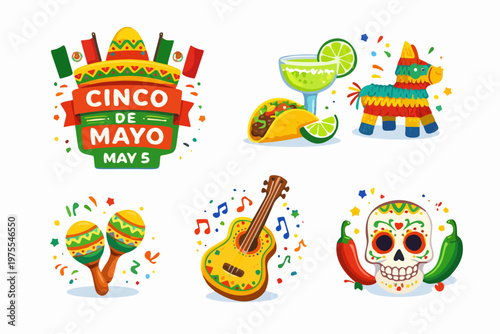 Cinco de Mayo Icon Set Featuring Sombrero Maracas Taco Margarita Guitar and Festive Elements in Colorful Flat Vector Style for Mexican Celebration Theme Design