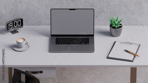 Minimalist desk 3D render, front eye-level view.