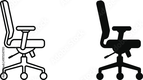 Office chair icon set featuring ergonomic desk seat with minimalist black solid silhouette and outline vector illustration for workplace furniture.