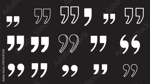 Quotation marks icon set, double quote symbol vector illustration, black quote icons in line and flat style, discussion and dialog remark signs, open and close quote symbols, vector