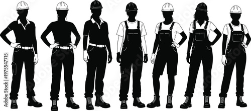 Female construction workers silhouettes wearing hard hats and safety gear for industrial engineering building projects and professional occupational workforce diversity representation