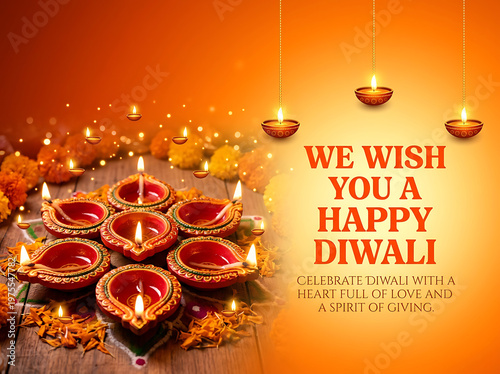 Happy Diwali Greeting Card with Burning Oil Lamps and Marigold Flowers