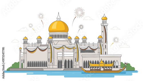 Illustration of a mosque with a golden dome and minaret, situated by water with decorative elements and a sunny sky in the background.
