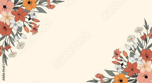 A calming botanical illustration featuring daisies and orange blossoms. Ideal for backgrounds, website design, or adding a touch of nature to creative