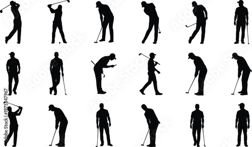 Golf Player Silhouette Vector Collection, Professional Golfer Poses Including Swing Putting and Standing Positions for Sports Club Branding and Tournament Design