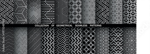 Geometric set of seamless black and gray patterns. Simple vector graphics