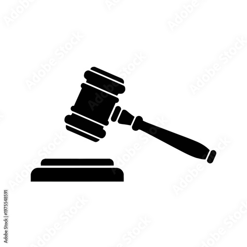 Black vector silhouette of a wooden judge's gavel and sounding block isolated on a white background. Professional legal tool representing justice, courtroom law, and auction bidding.