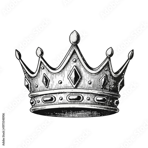 Hand-drawn ink sketch of a royal crown featuring diamond-shaped gems, circular studs, and intricate cross-hatch shading. Detailed engraving style illustration isolated on white background.