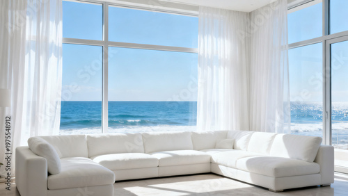 White Sheer Sea View Window · White Sofa Living Room