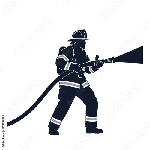 Detailed vector silhouette of a firefighter in full protective gear holding a fire hose with a nozzle spraying water, featuring a helmet, reflective stripes, and an oxygen tank.