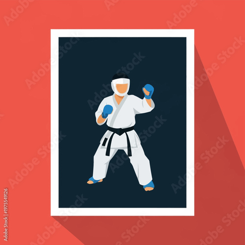 A minimalist vector illustration of a male karate athlete wearing a white gi, black belt, head protector, and blue sparring gear in a combat stance against a dark background.