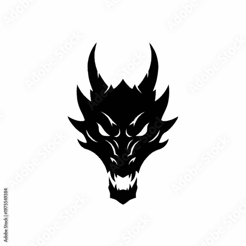 A menacing black dragon head illustration with sharp horns and teeth on a white background, featuring a stylized and aggressive design.