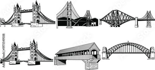 Famous world bridges silhouette set including London Tower Bridge Sydney Harbour Bridge and Golden Gate Bridge icons for travel and tourism