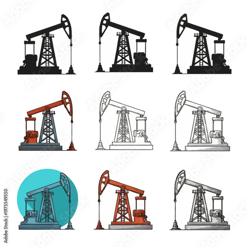 Vector illustration set of oil derrick pumpjacks in various styles including black silhouettes, line art sketches, and colored icons for industrial petroleum extraction themes.