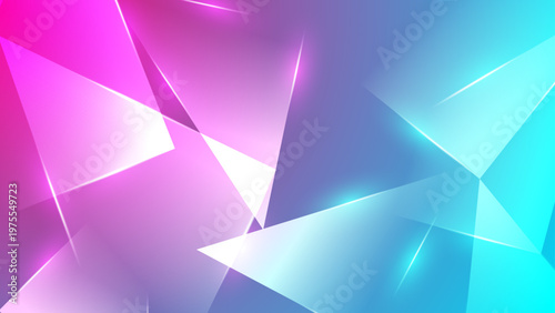 High tech abstract background with glowing blue and pink geometric glass shards and bright lens flare effects
