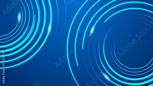 Professional high tech background with neon blue circular lines and glowing light particles on dark blue
