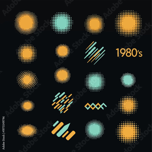 Collection of 1980s and 1990s vintage graphic design elements including orange and teal halftone dot circles, diagonal stripe patterns, and geometric icons on black background.