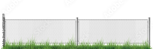 Wire fence with gates on green grass, chain link