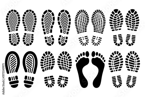 Footprints shoe prints and bare footprints set with multiple patterns in black on a white background for various uses