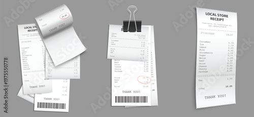 Set of hop receipt, paper cash checks with clip