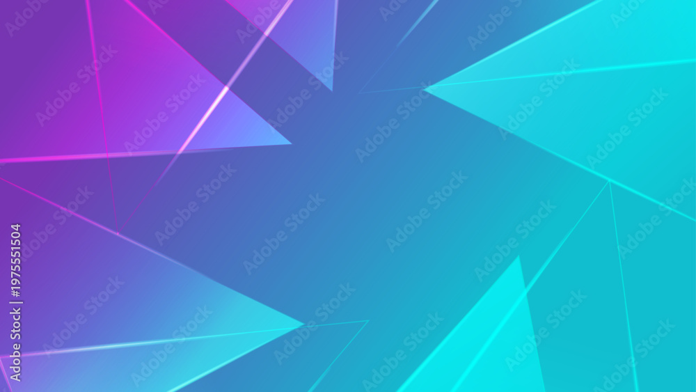 Obraz premium Vibrant geometric composition with flying purple tetrahedrons and diagonal stripes on a colorful gradient background