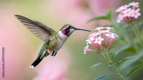 A hummingbird hovers near a cluster of delicate pink flowers in a lush garden setting.