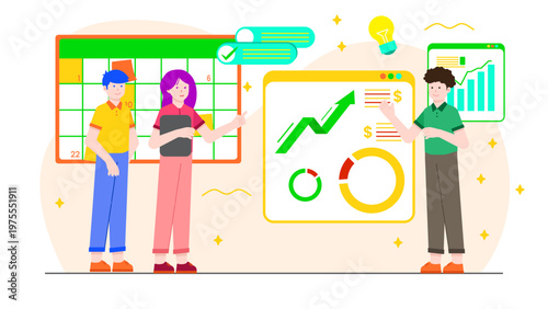 Manager delegating various business tasks to team in flat design style