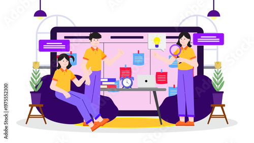 Manager delegating tasks to team in a flat design office workspace
