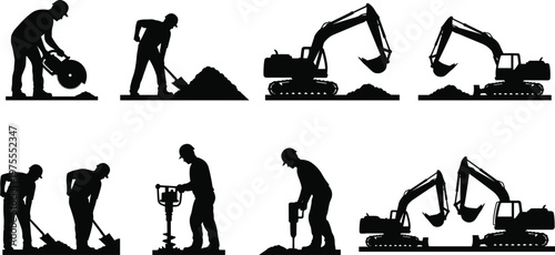 Construction site worker silhouette set with heavy machinery excavator digging earth and builders using jackhammer and shovel on white background