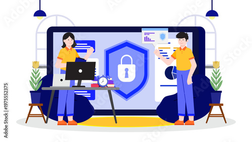 Two employees standing in front of a giant digital screen with a lock icon discussing company security regulations and workplace safety protocols