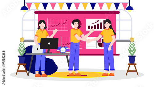 Corporate team members shaking hands and celebrating the arrival of a new colleague with festive bunting and data charts in the background