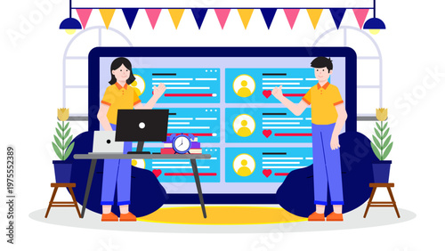 Business professionals managing an employee wellness program and health tracking dashboard with heart icons and performance metrics