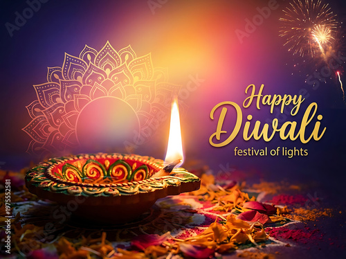 Happy Diwali Greeting Card with Lit Diya Oil Lamp and Fireworks