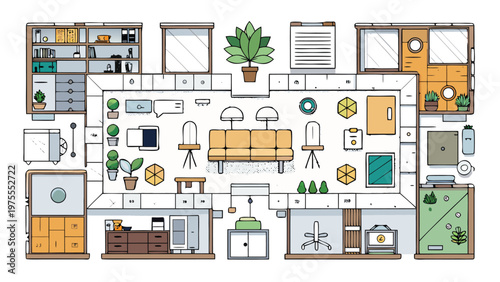 Office and home interior floor plan furniture icons top view vector set, desks chairs sofas beds dining tables cabinets bookshelves plants, architectural CAD drawing style 