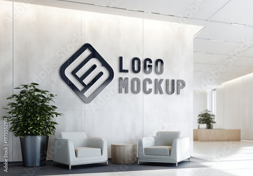 3D GLossy Logo On White Office Wall Mockup