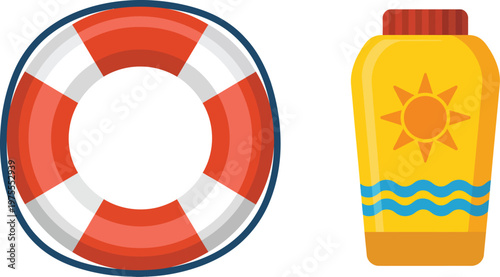 Flat vector set featuring lifebuoy and sunscreen objects for summer vacation, beach rescue and sun protection concept, simple clean design isolated on white background for travel and leisure graphics.