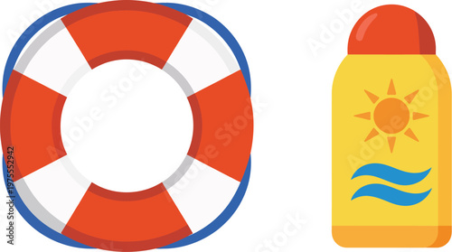 Flat vector set featuring lifebuoy and sunscreen for summer vacation concept, beach safety and sun protection symbols, clean minimal design isolated on white background for travel and holiday graphics