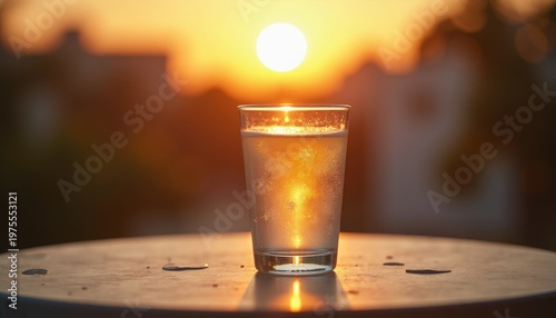 Glass of Refreshing Sparkling Water with Bubbles on Table at Golden Hour Sunset with Cityscape Bokeh Background Warm
