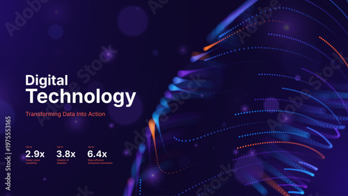 Abstract Big Data Background with Neon Flowing Lines and Digital Particle Waves. Technology Concept for Data Analytics, Digital Transformation and Intelligent Computing Systems. Vector Illustration.