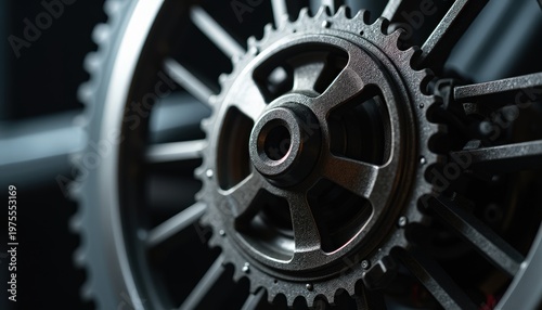 Close Up Macro Shot of a Rusty Metal Bicycle Sprocket Wheel with Detailed Gears and Spokes Against a Dark Blurred