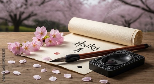Handwritten haiku poem with cherry blossoms and ink pen on wooden table