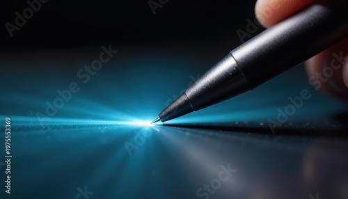 Close up on Stylus Pen Touching Digital Screen Emitting Blue Light Rays Across Dark Background Symbolizing Technology