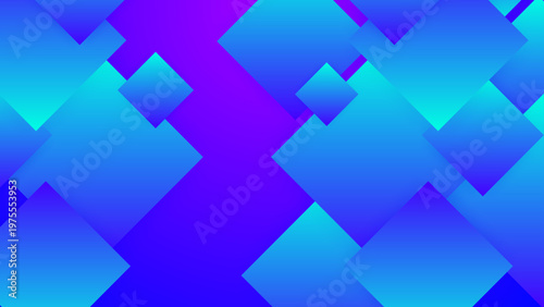 Cool blue and cyan abstract background with overlapping geometric square diamond shapes on a bright violet base